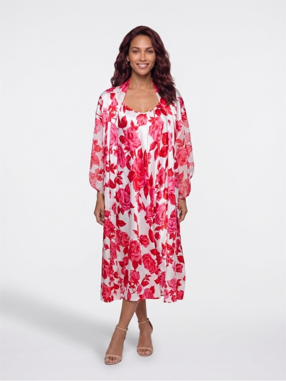 Jaclyn Smith White Satin Robe with Red Floral Print